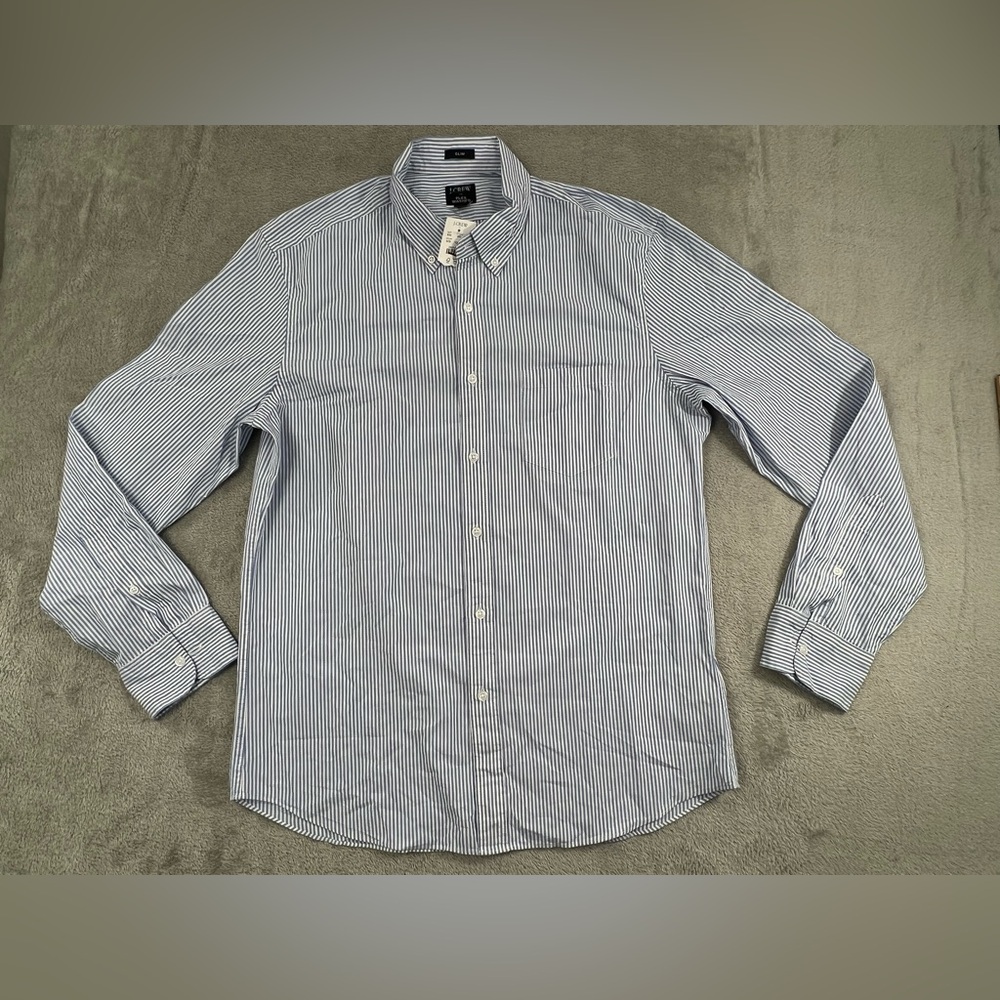 NEW J Crew L Slim Flex Washed Men's Blue White Striped Classic Long Sleeve Shirt